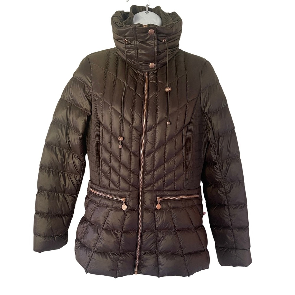 Bernardo Womens Down PrimaLoft Puffer Jacket Brown Chevron Quilt Small